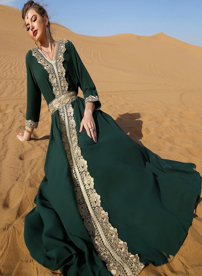 ODIZLI Abaya Dress for Women Moroccan Kaftan Dubai Fancy Long Sleeve Kaftan Dresses Moroccan Traditional Ethnic Shirts Dress Robe Wedding Party Attire Jalabiya Mubarak Eid Ramadan Outfits Dark Green M - Image 5